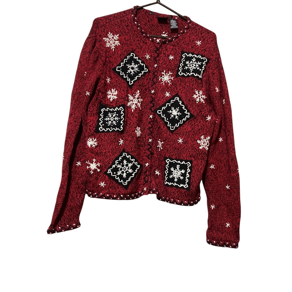 Erika Red Snowflake Christmas Cardigan Sweater XL Ramie Cotton Knit Button Front